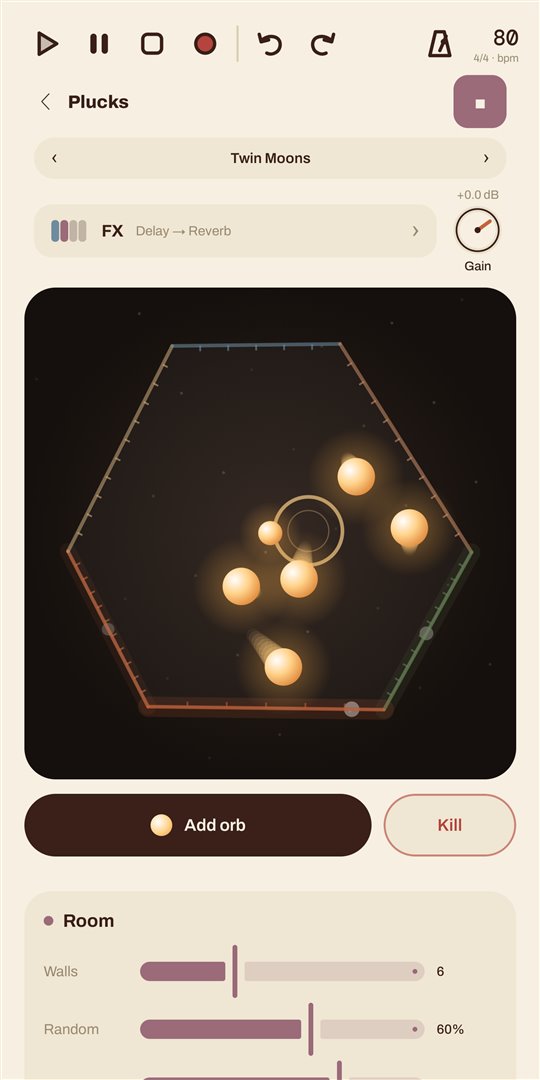 The Gravity instrument: glowing orbs bouncing around a room of walls